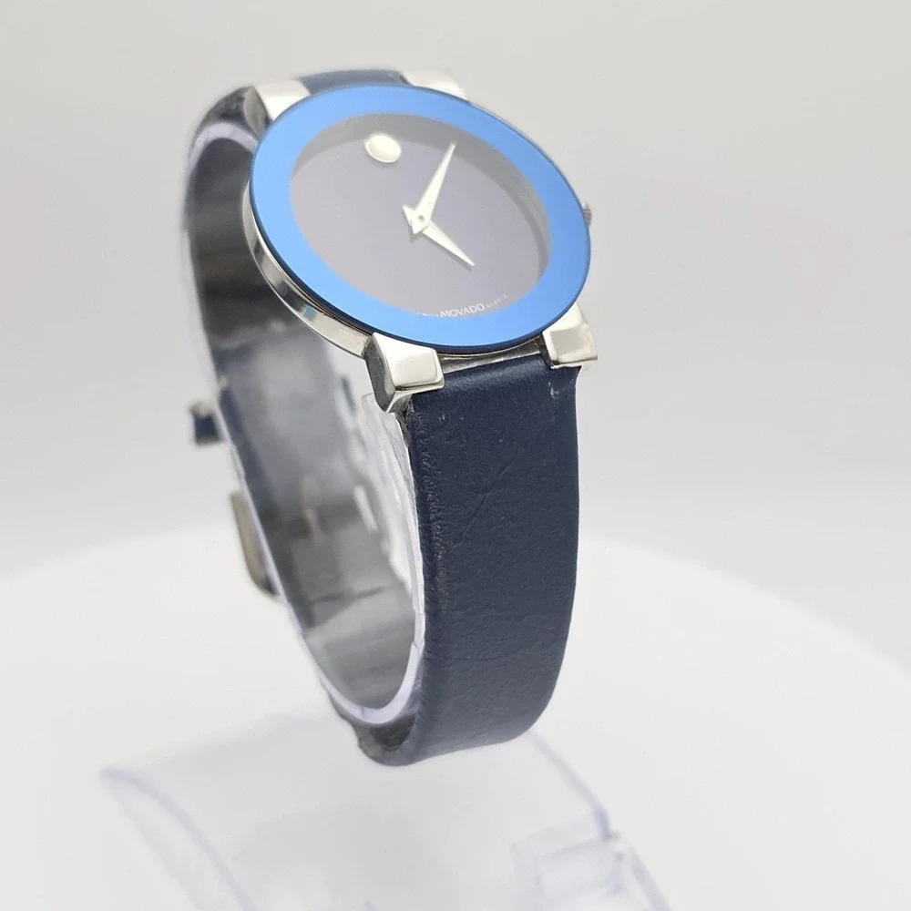 MOVADO Museum Ladies Watch Swiss Movement Blue Dial Navy Blue‎ Bezel New Battery